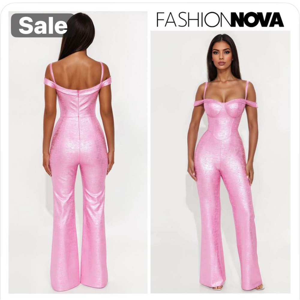 Fashion Nova Pink Off-Shoulder Barbie dreams metallic Jumpsuit S
